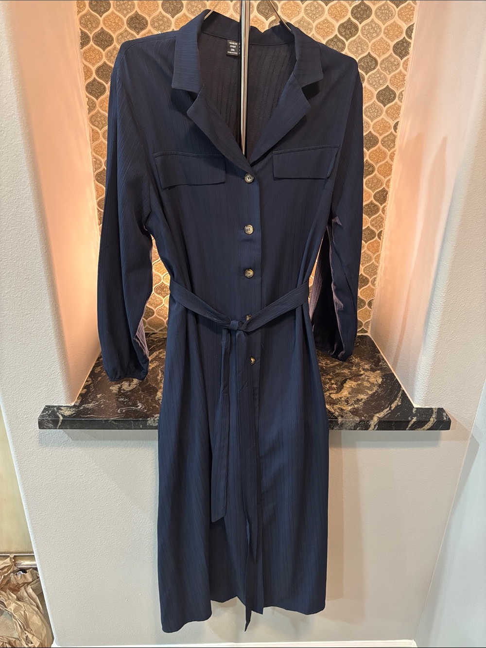 Women's Navy Long Sleeve Button-Front Shirt Dress with Tie Belt